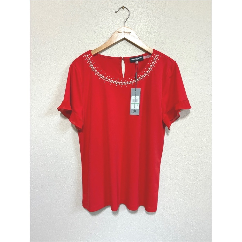 NEW Karl Lagerfield Paris Large Red Pearl Beaded Flutter Sleeve Top Feminine